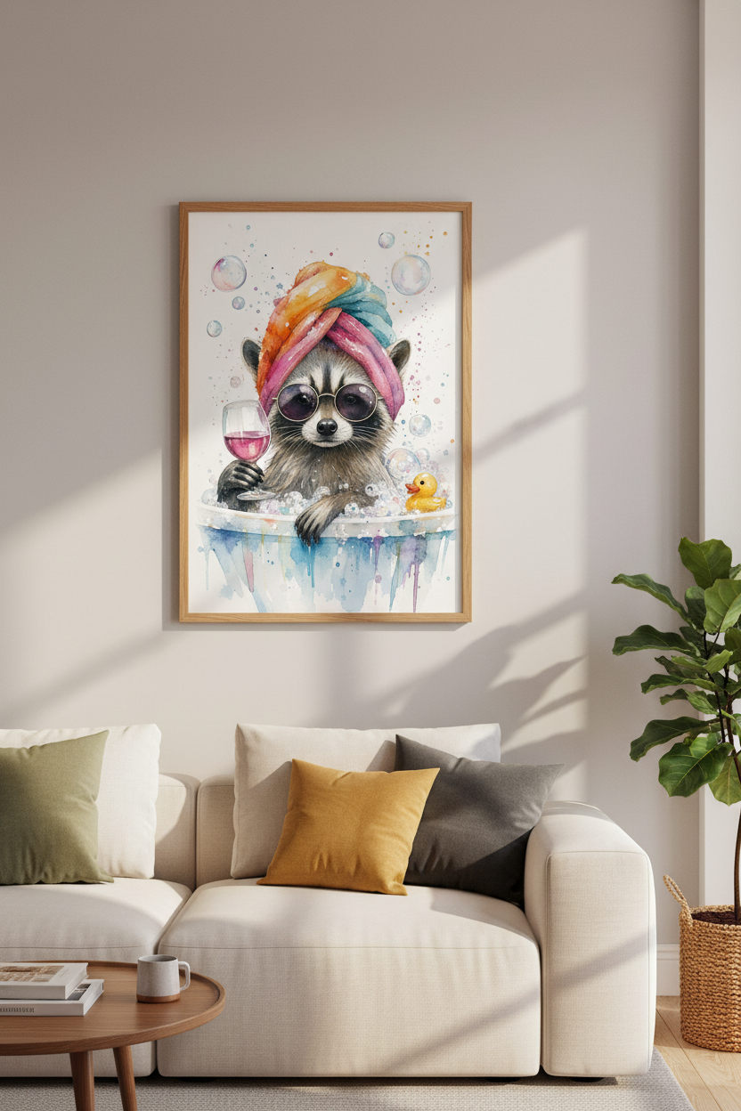 Raccoon in Bathtub Wall Art | Funny Watercolor Print, Sassy Bathroom Decor