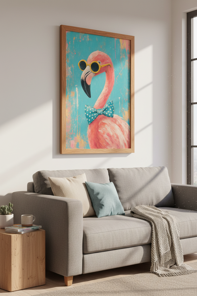 Flamingo in Sunglasses Wall Art | Tropical Bathroom Decor | Maximalist Poster
