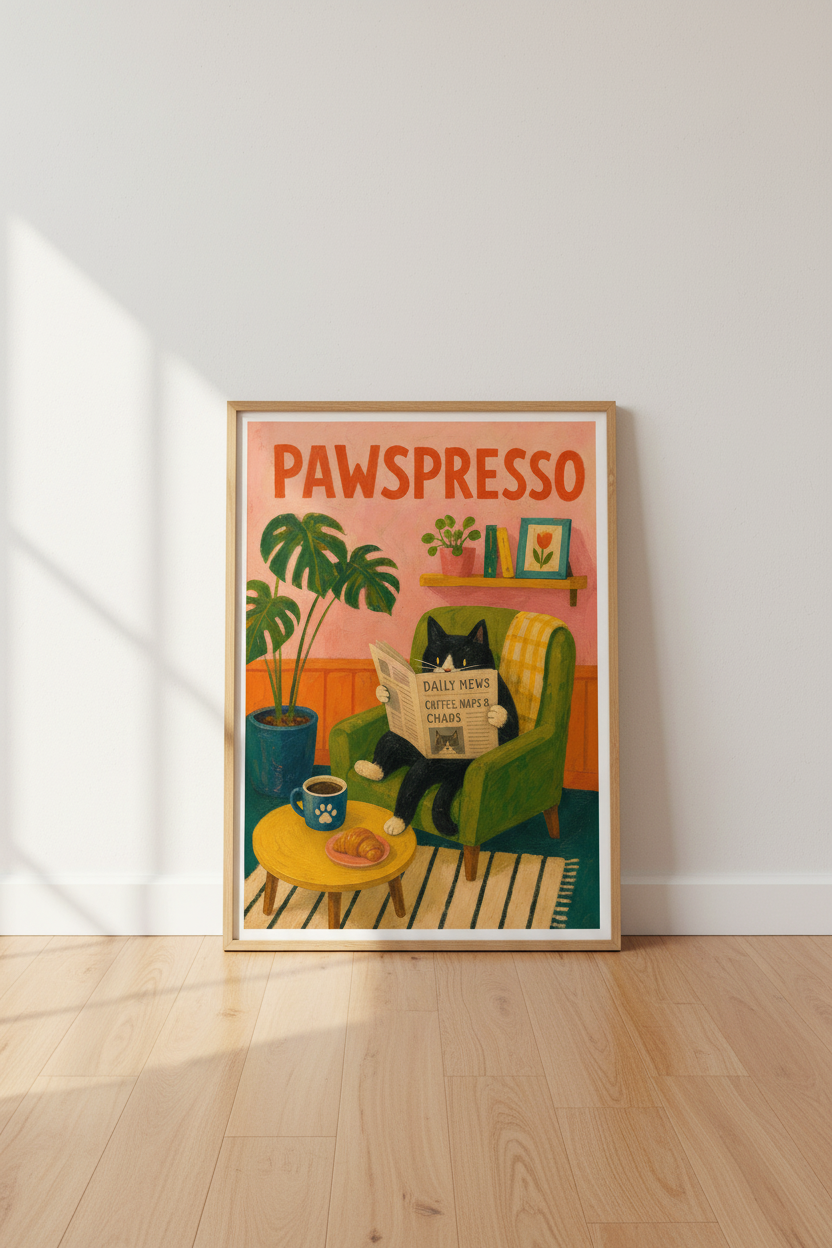 Cat Coffee Bar Poster | Whimsical Tuxedo Cat Kitchen Decor | Eclectic Home Art