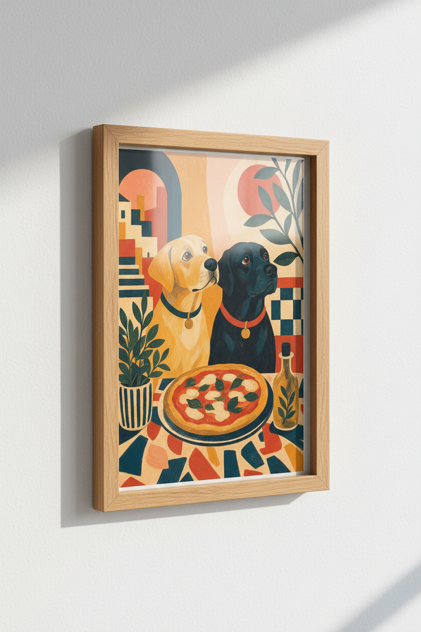 Labrador Dogs Pizza Wall Art Print | Kitchen Dining Decor | Mid Century Poster