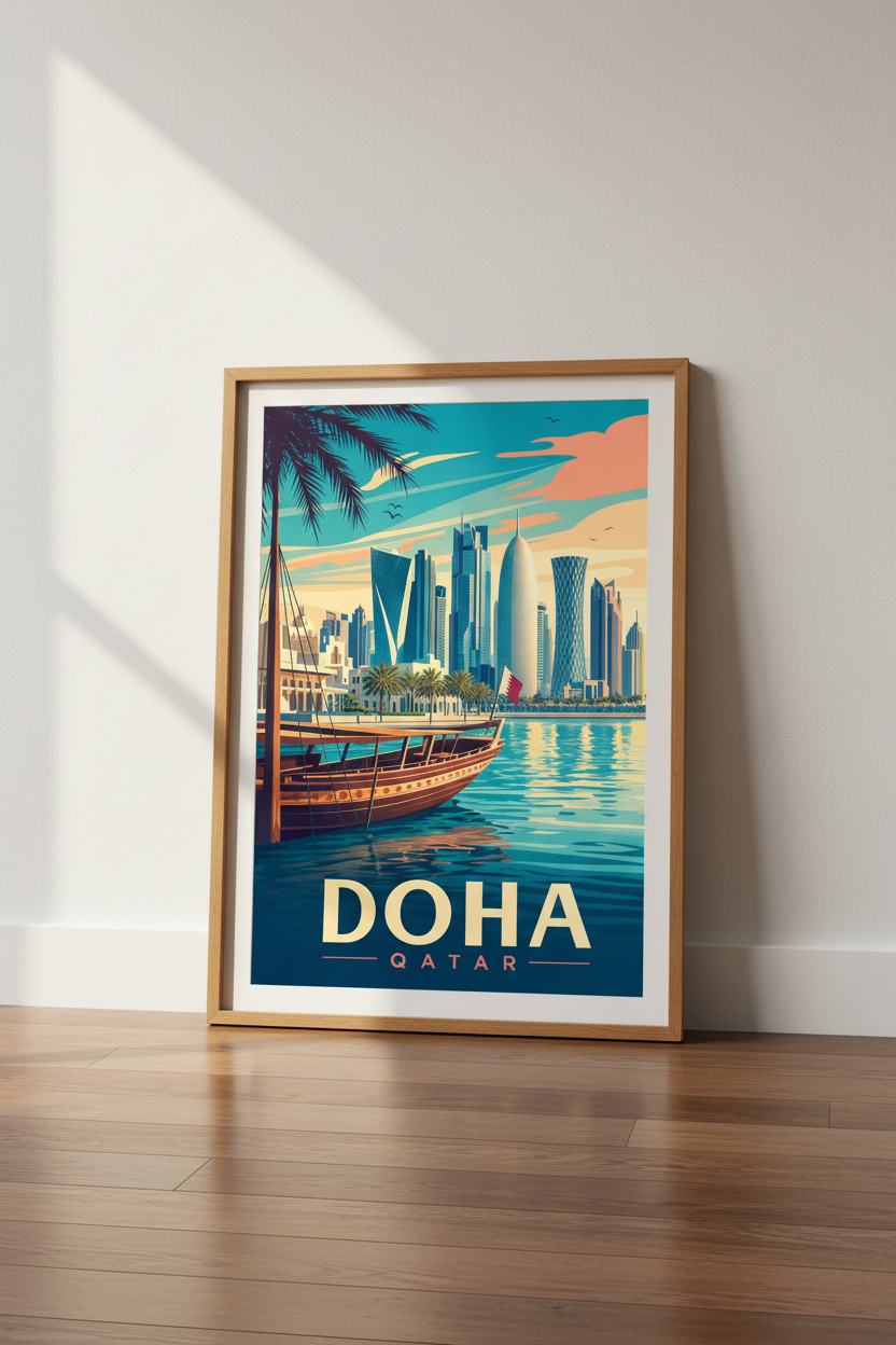Doha Qatar Skyline Travel Poster | Modern Middle East Wall Art, Living Room Decor