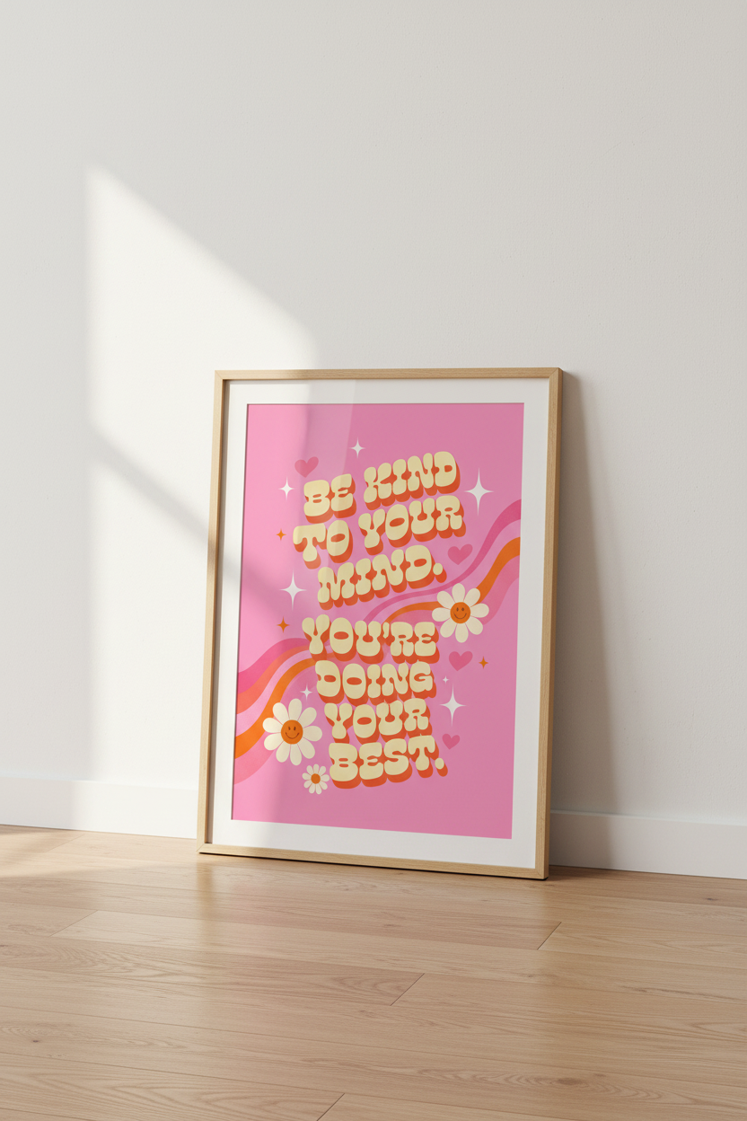 Be Kind To Your Mind Retro Quote Print | Pink Groovy Dorm Decor | Mental Health Poster