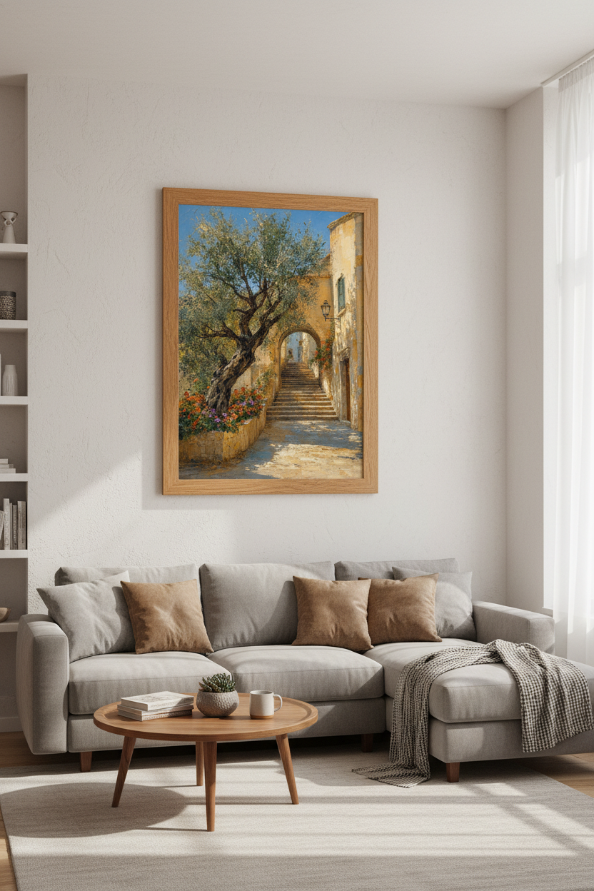 Mediterranean Village Oil Painting | Sun-Drenched Italian Alley, Living Room Decor Art