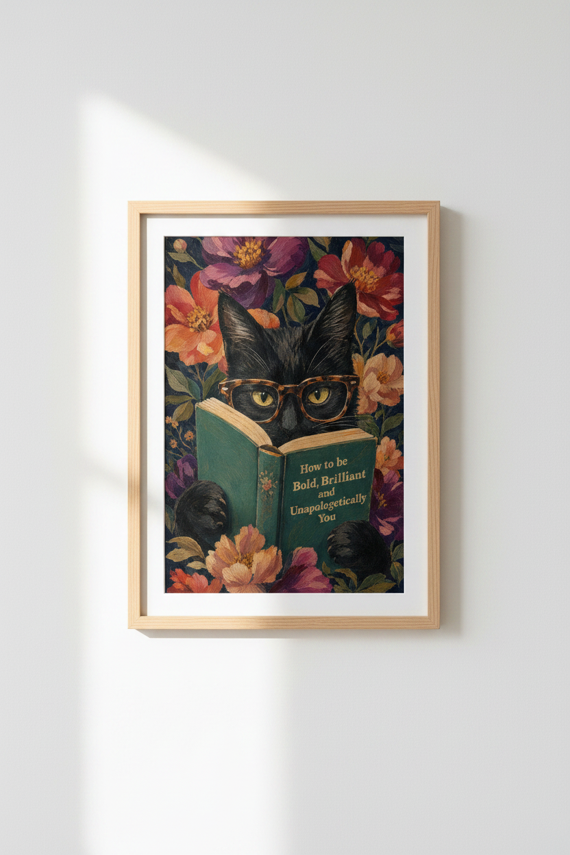 Black Cat Art Print | Moody Floral Dark Academia, Reading Room Decor