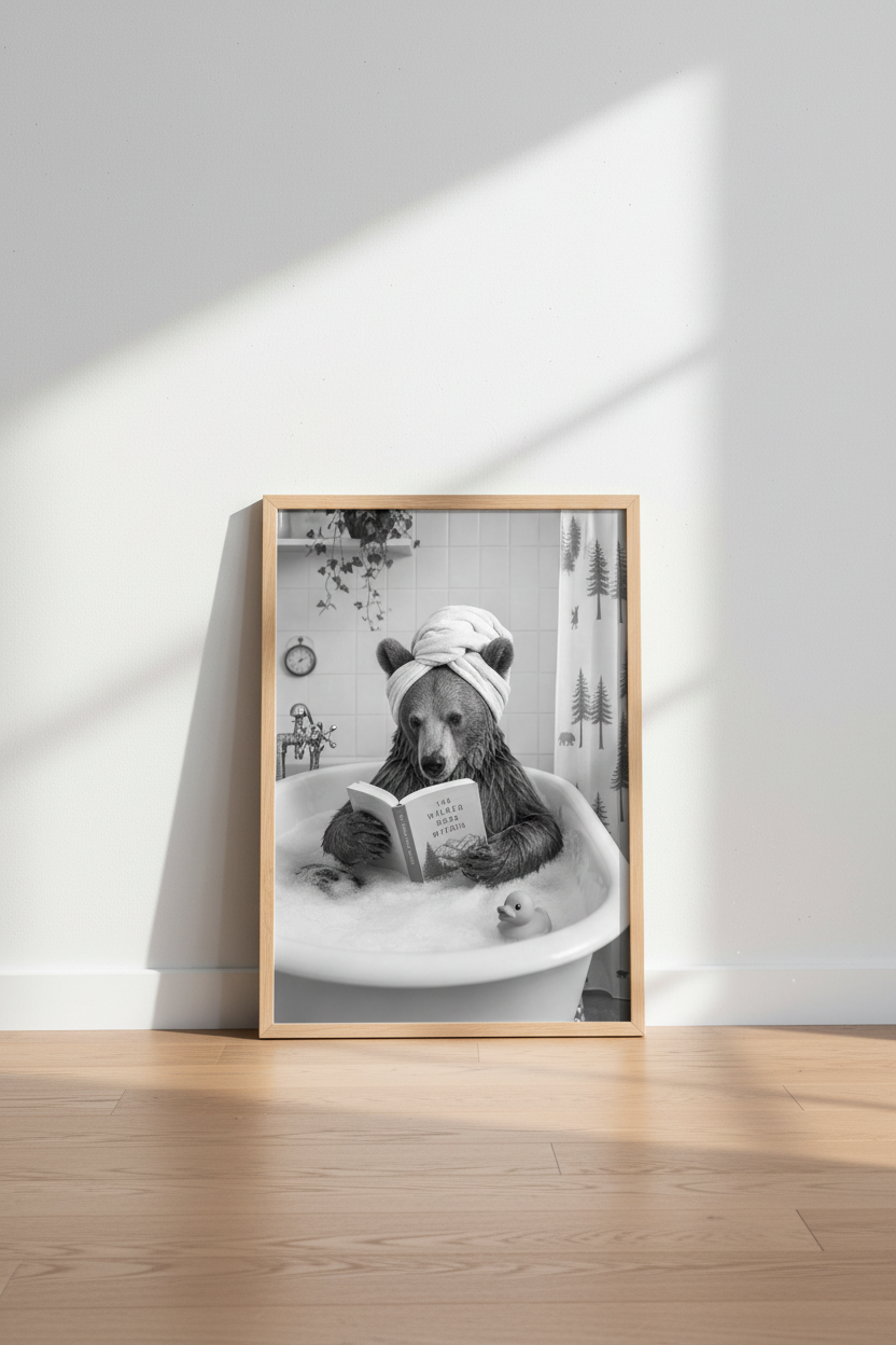 Bear in Bathtub Wall Art | Funny Black & White Animal Poster, Bathroom Decor