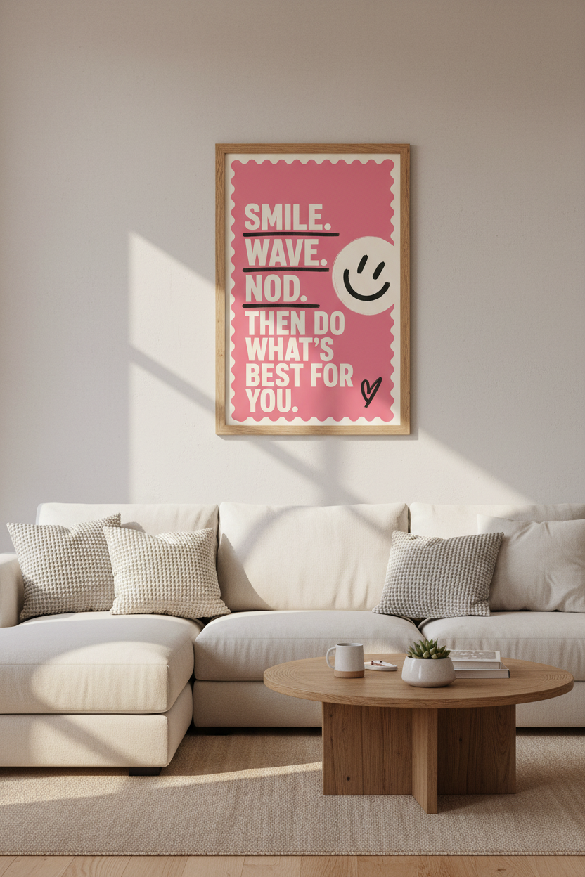 Smile Wave Nod Quote Print | Pink Retro Typography Poster, Aesthetic Room Decor