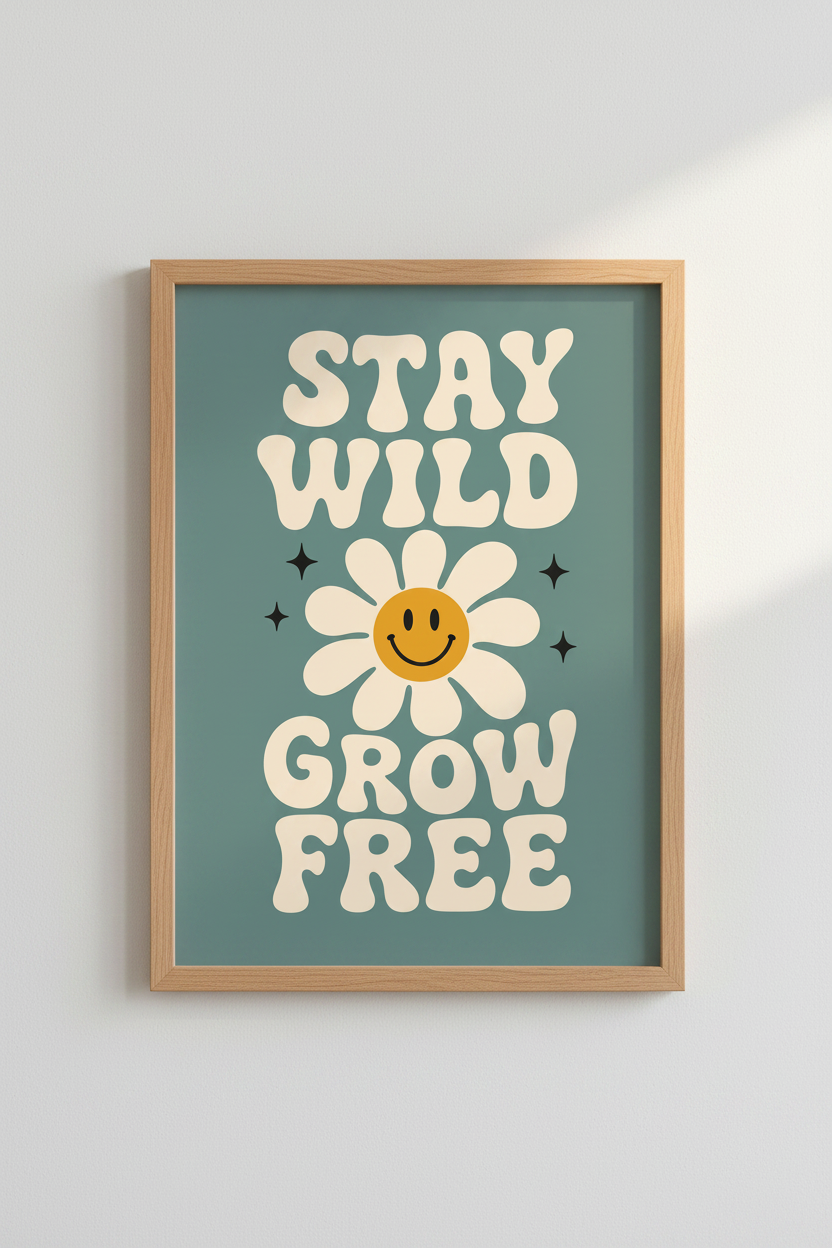 Stay Wild Grow Free Daisy Wall Art | Retro Sage Green Decor | Groovy Boho Poster