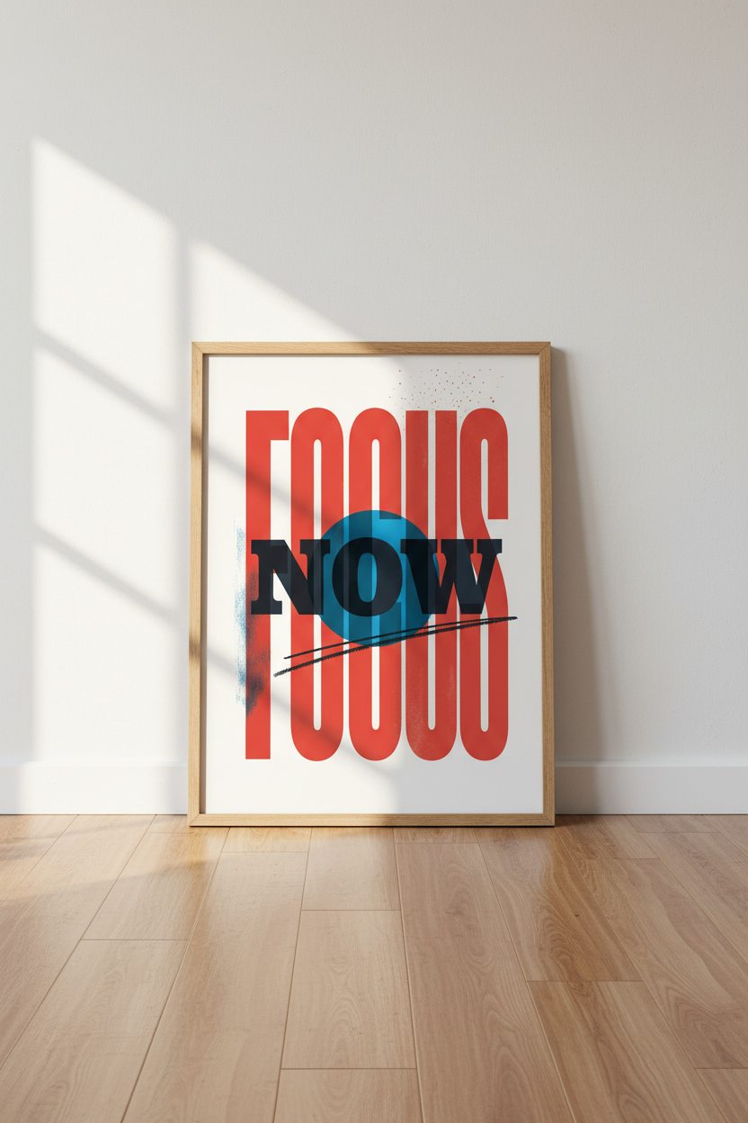Focus Now Typography Wall Art | Red & Blue Office Decor | Modern Motivational Poster
