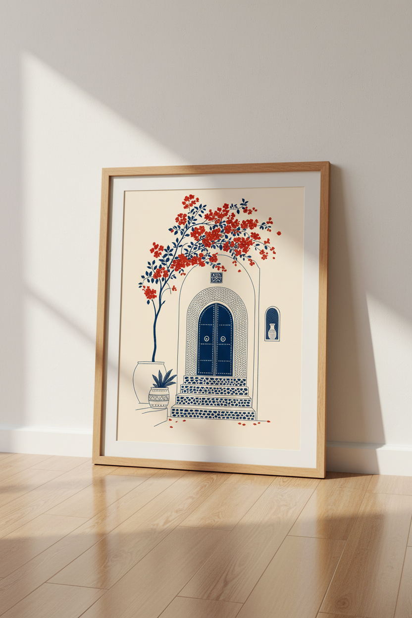 Mediterranean Doorway Wall Art | Navy & Red Floral Decor | Boho Poster