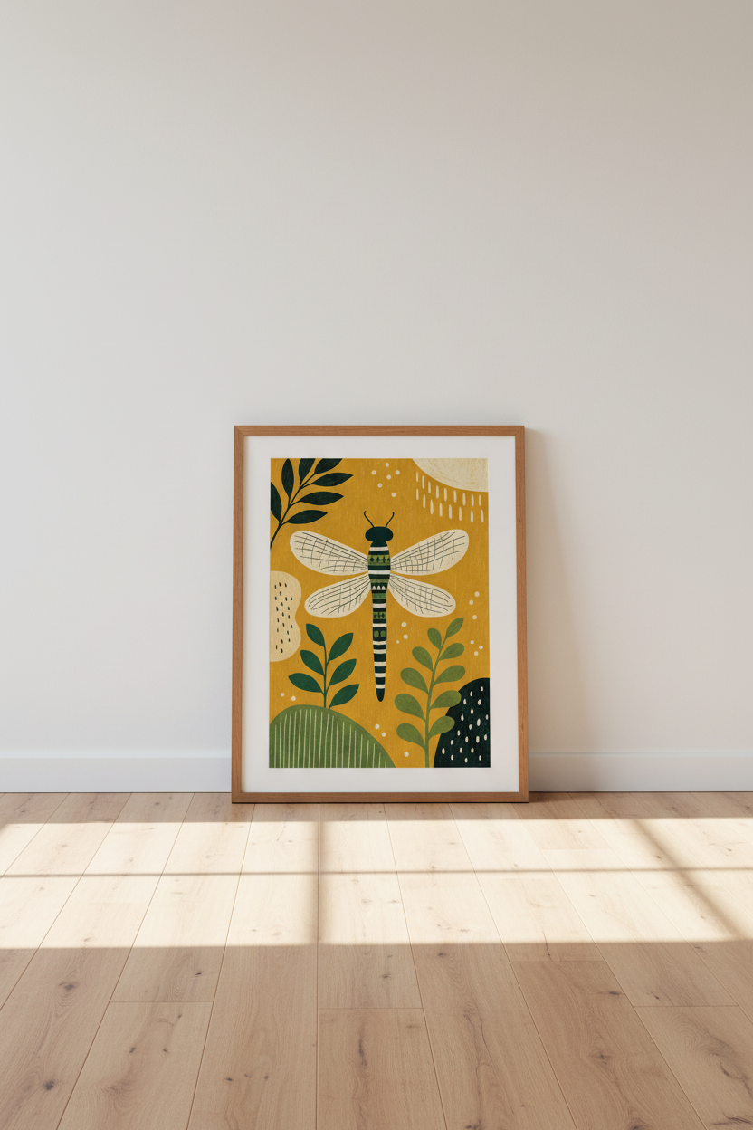 Dragonfly Folk Art Print | Mustard Yellow Boho Decor, Nature Inspired Wall Art