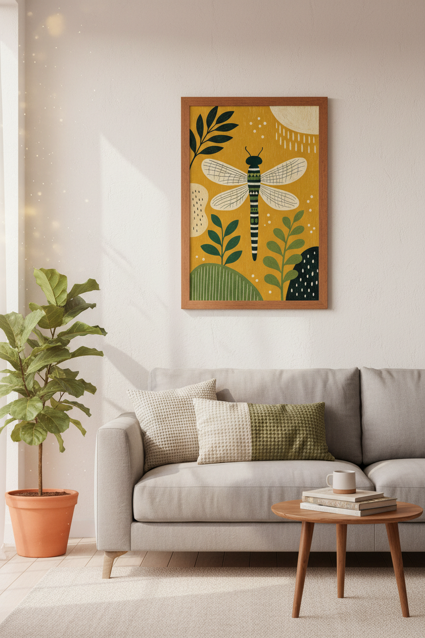 Dragonfly Folk Art Print | Mustard Yellow Boho Decor, Nature Inspired Wall Art