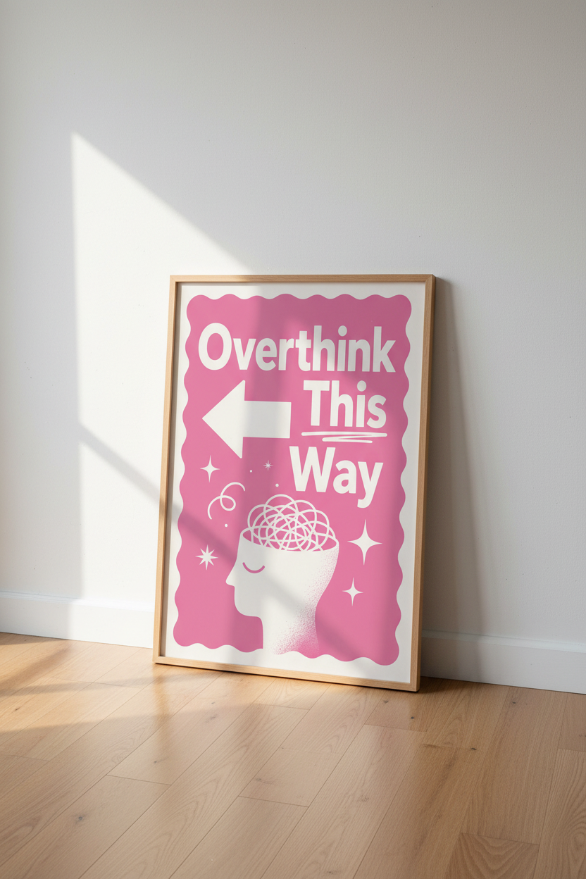 Overthink This Way Wall Art Print | Pink Dorm Decor | Retro Mental Health Poster