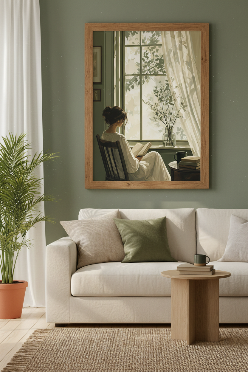 Reading by Window Art | Sage Green Cozy Aesthetic, Bedroom & Library Poster