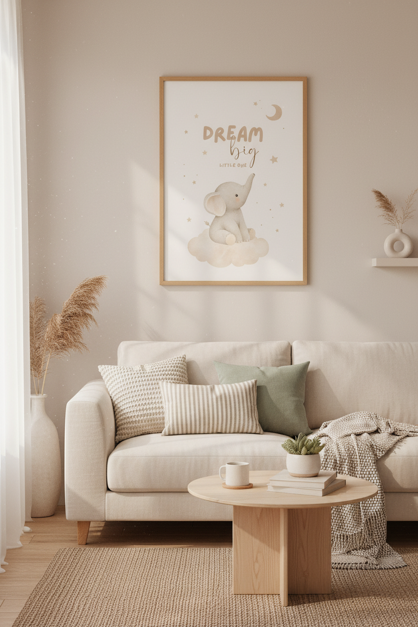 Watercolor Elephant Wall Art | Neutral Nursery Decor, Dream Big Little One Poster