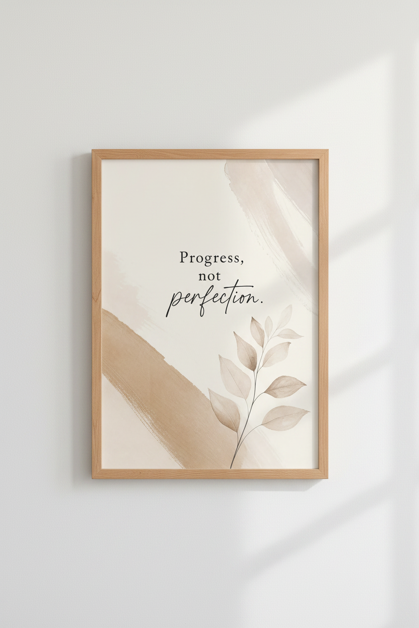 Progress Not Perfection Quote Wall Art | Neutral Beige Boho Decor | Minimalist Poster