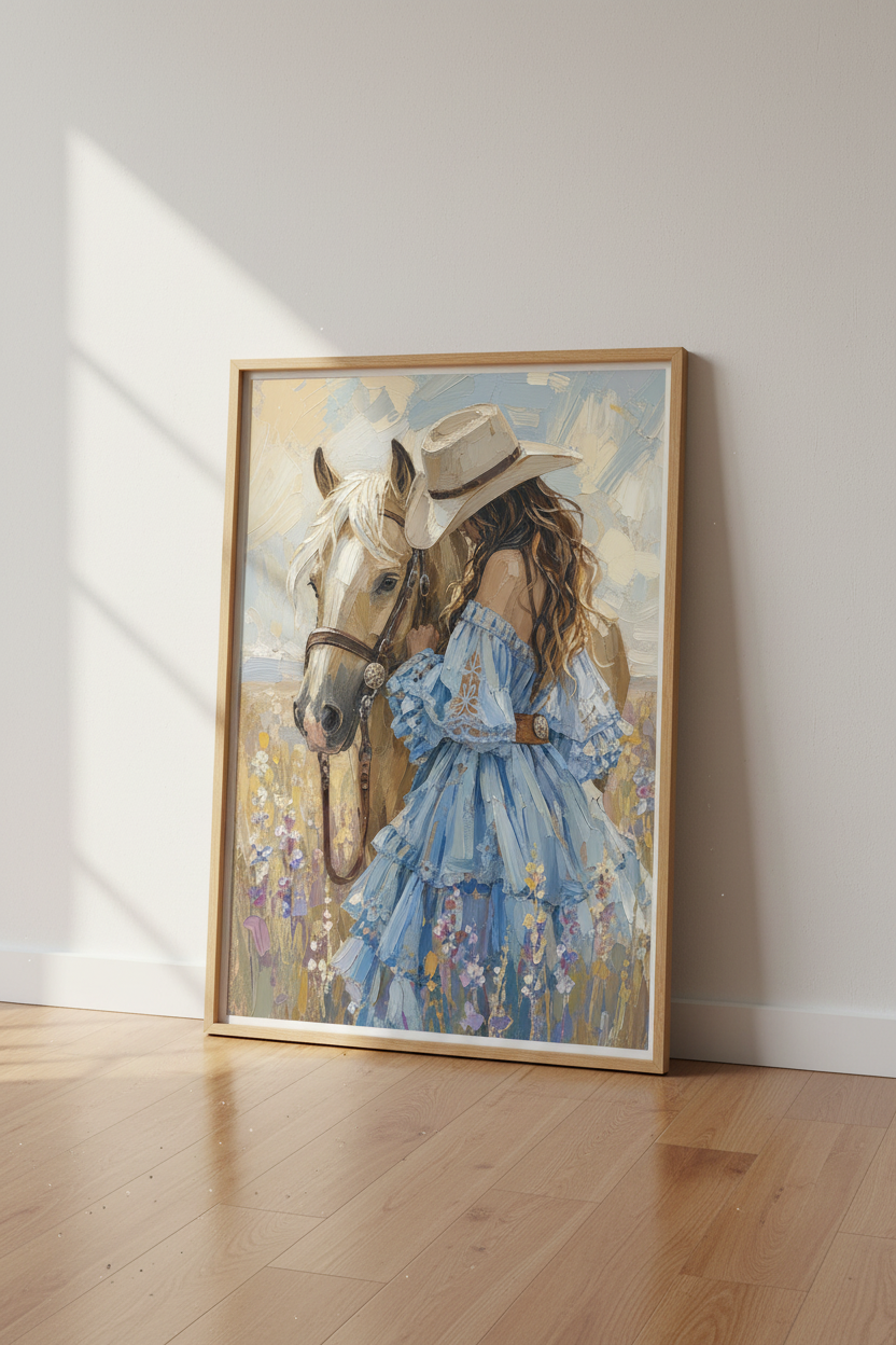Western Horse Wall Art Print | Cowgirl Oil Painting, Rustic Farmhouse Decor