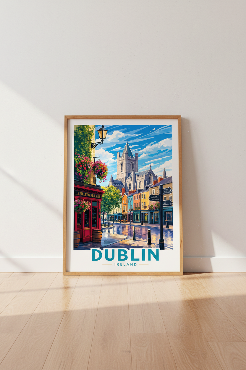 Dublin Temple Bar Art Print | Irish Travel Poster | Colorful Cityscape Decor