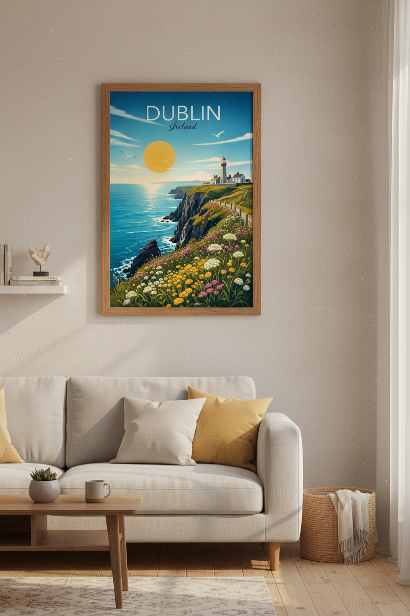 Dublin Ireland Travel Poster | Coastal Lighthouse Wall Art | Vintage Aesthetic Print
