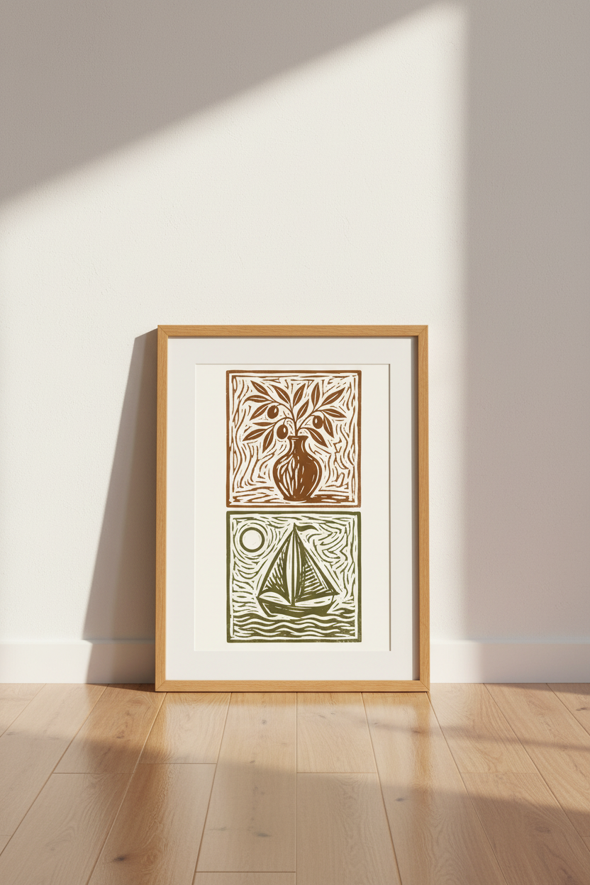 Mediterranean Linocut Boat & Olive Wall Art | Coastal Earthy Decor, Minimalist Poster