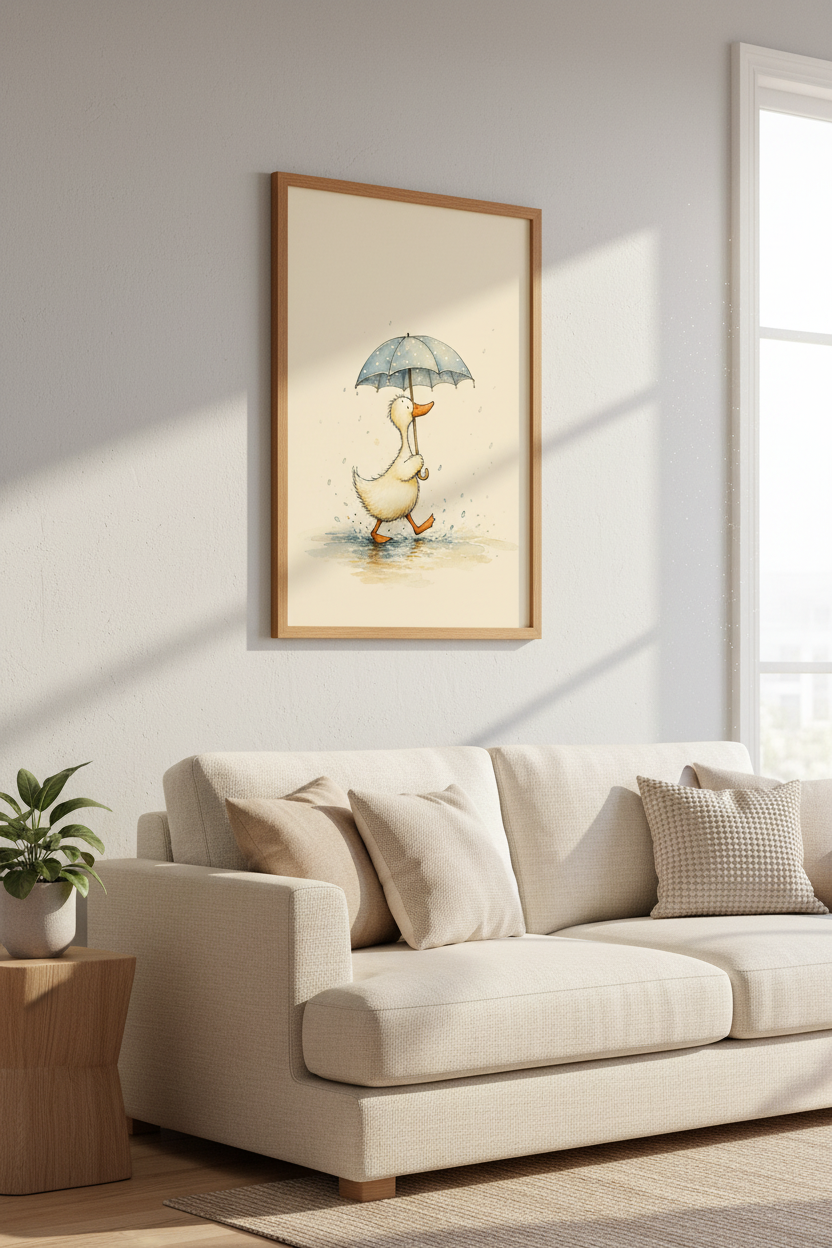 Watercolor Duckling with Umbrella Wall Art | Nursery Decor | Whimsical Animal Poster