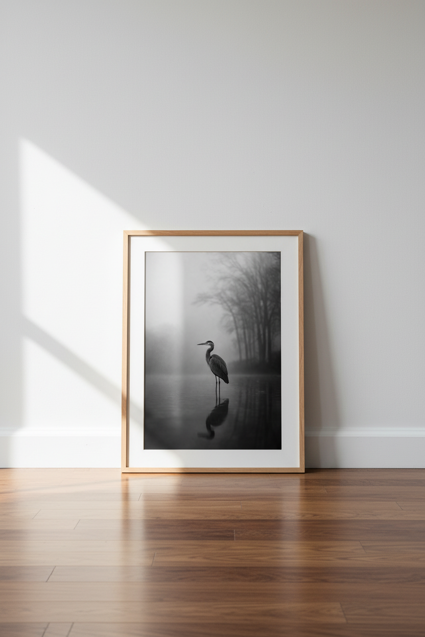 Heron Bird Wall Art Print | Moody Black & White Nature Decor | Minimalist Poster