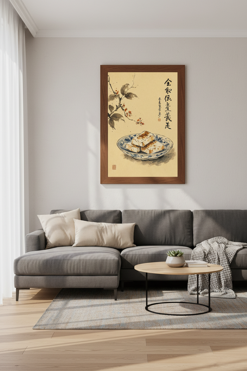 Japanese Tofu Ink Painting | Sumi-e Style Zen Food Art, Kitchen Decor