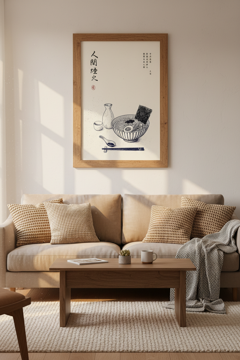 Japanese Ramen Ink Sketch Wall Art | Blue Minimalist Kitchen Decor | Asian Food Poster
