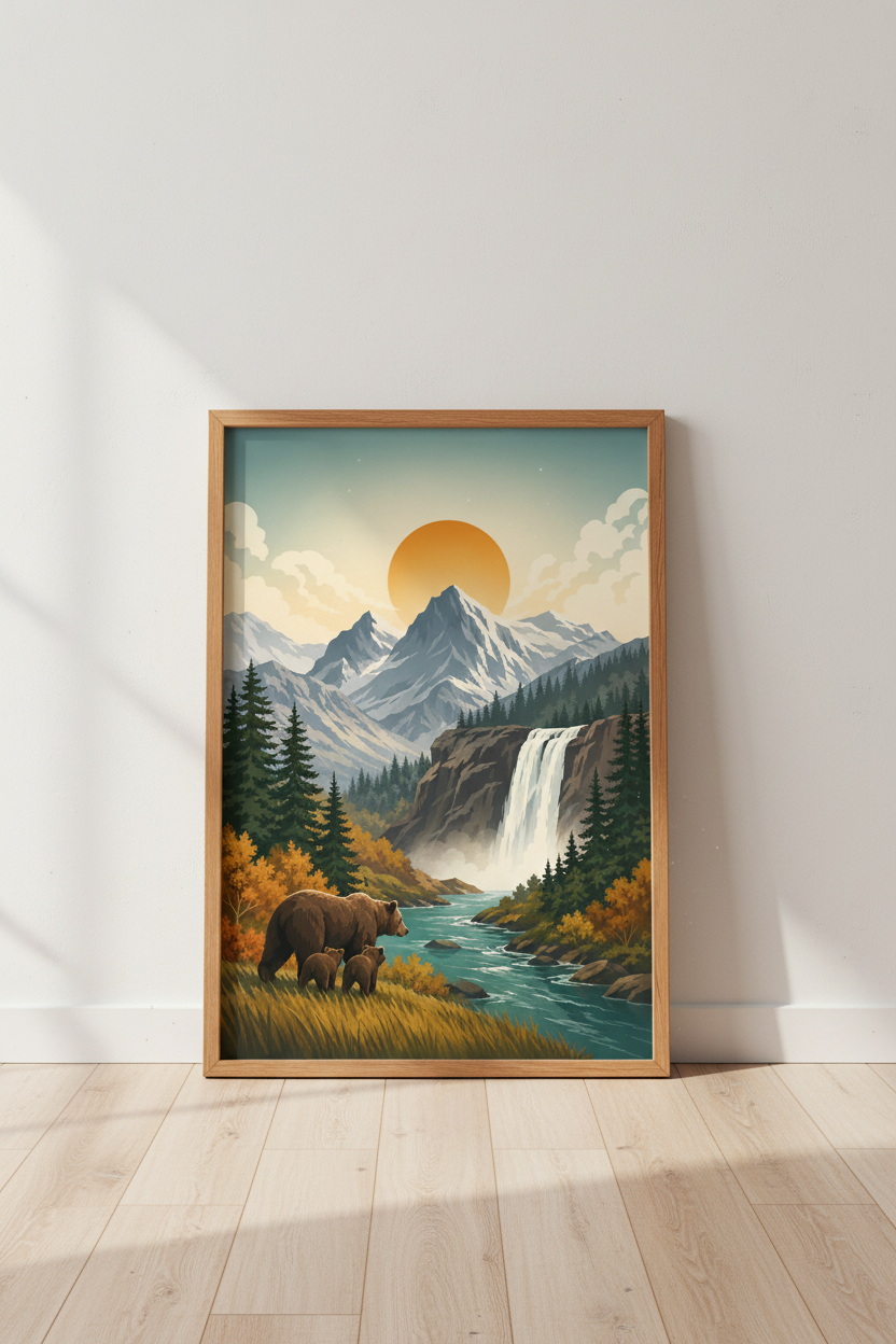 Mountain Bear Family Art | Rustic Wilderness Landscape, Cabin Nature Decor