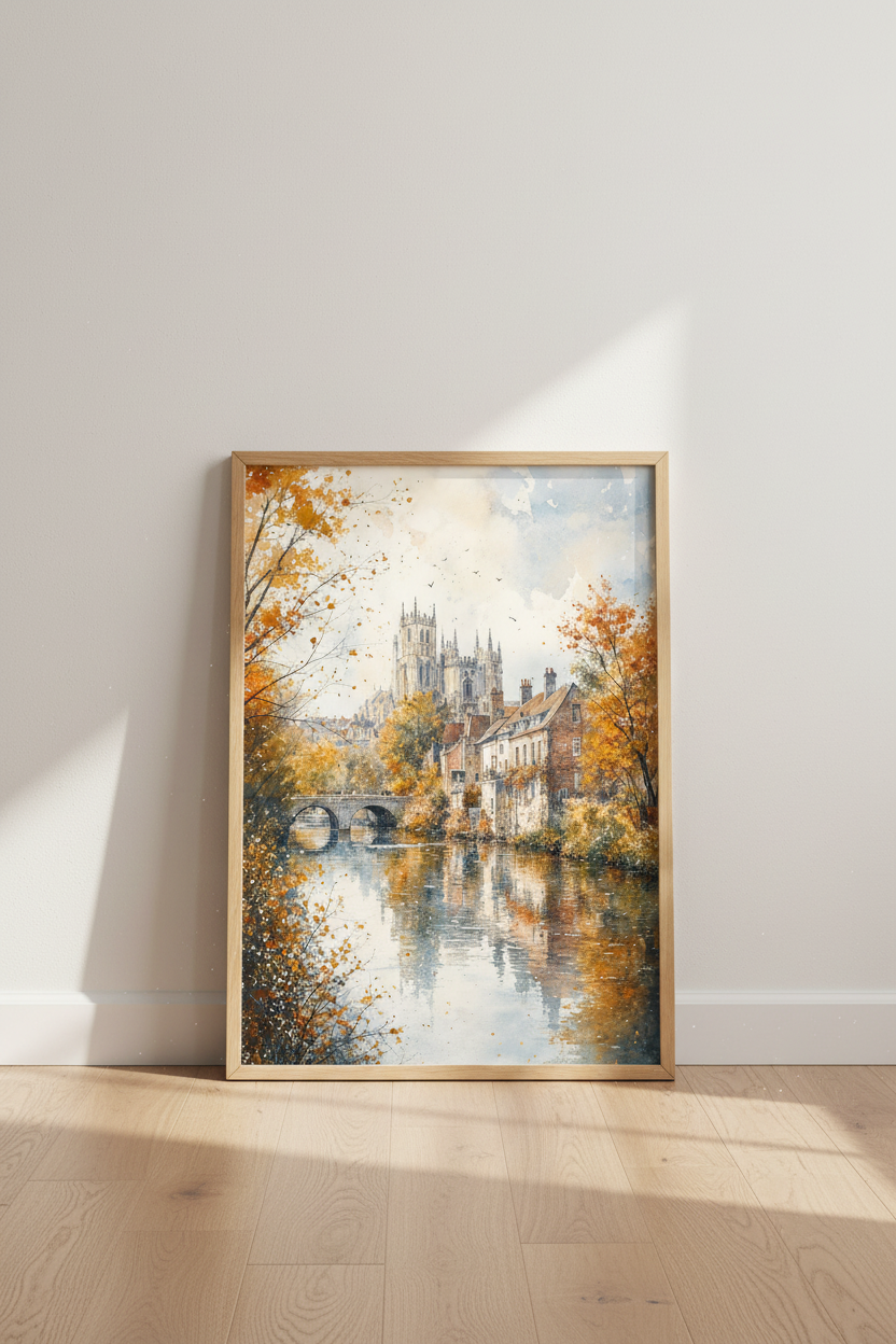 Old European Town Watercolor Print | Autumn Landscape Wall Art | Cozy Fall Decor