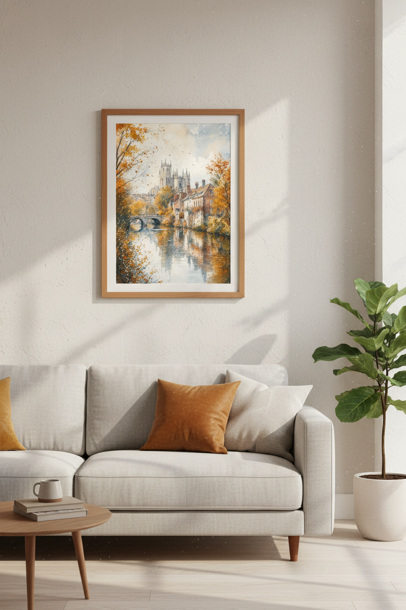 Old European Town Watercolor Print | Autumn Landscape Wall Art | Cozy Fall Decor