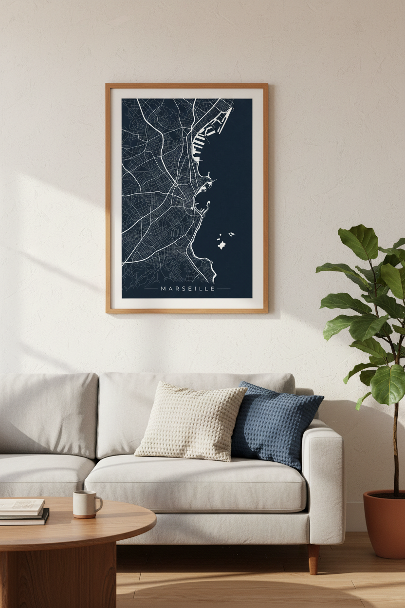 Marseille City Map Wall Art | Navy & White Minimalist Print, Living Room Decor Poster