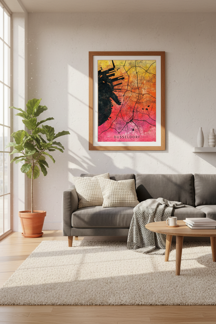 Düsseldorf City Map Art | Watercolor Gradient Sunset, Modern German Travel Poster