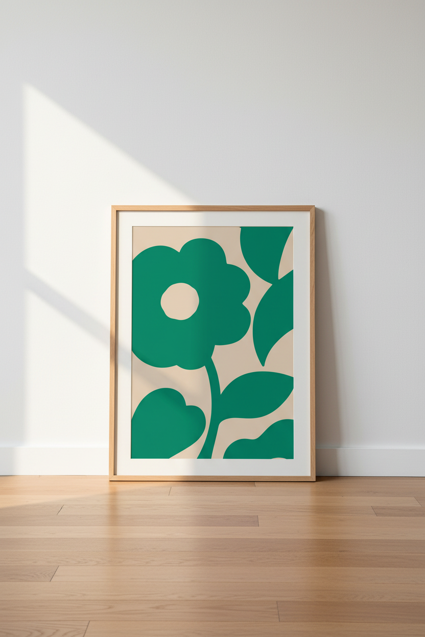 Abstract Green Flower Wall Art | Mid Century Botanical, Minimalist Living Room Decor