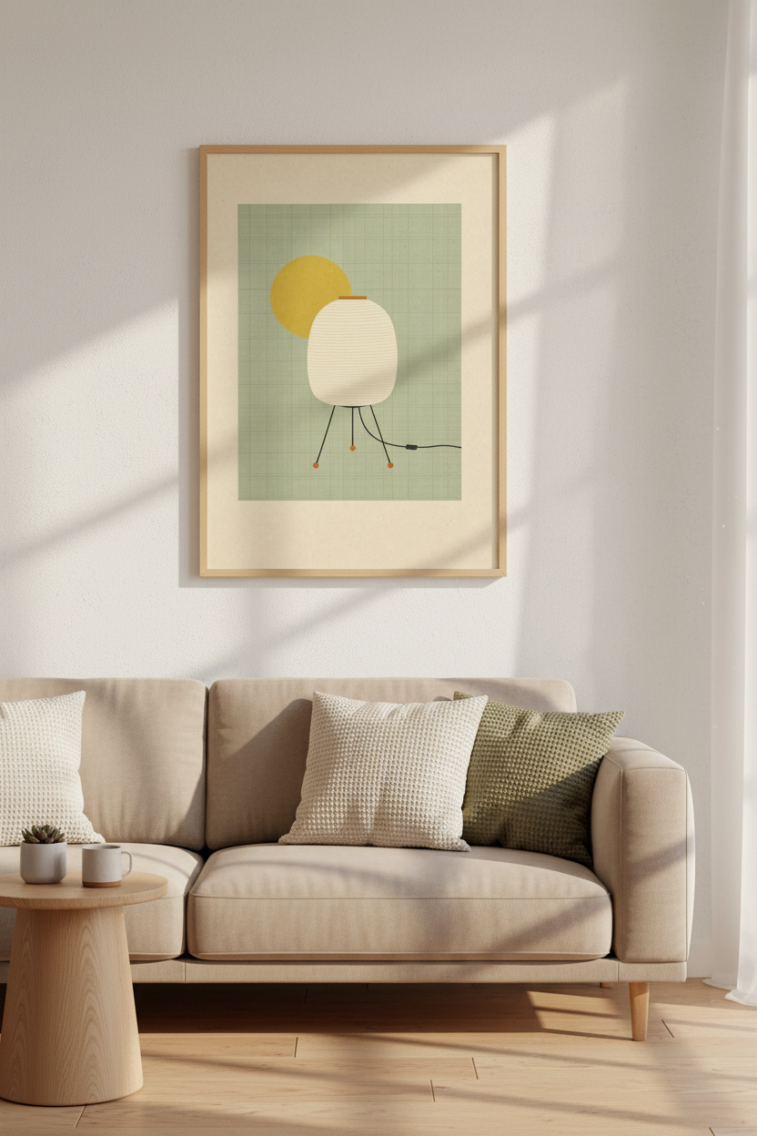 Mid Century Akari Lamp Wall Art | Green Japandi Decor | Minimalist Poster