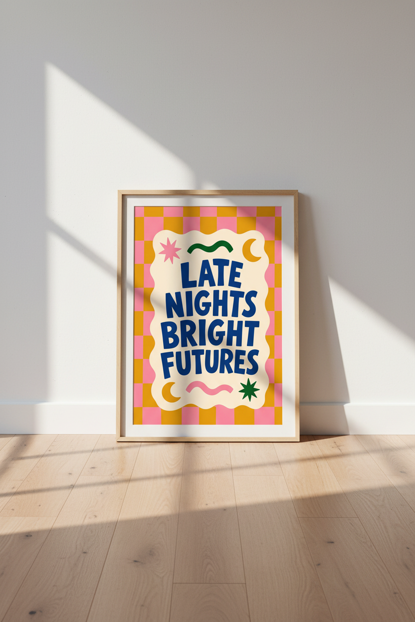 Retro Dopamine Decor | Pink Checkered Quote Wall Art Print, Funky Bedroom Poster
