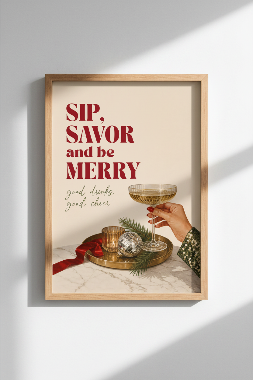 Festive Bar Cart Print | Vintage Christmas Cocktail Poster, Holiday Gallery Wall Art
