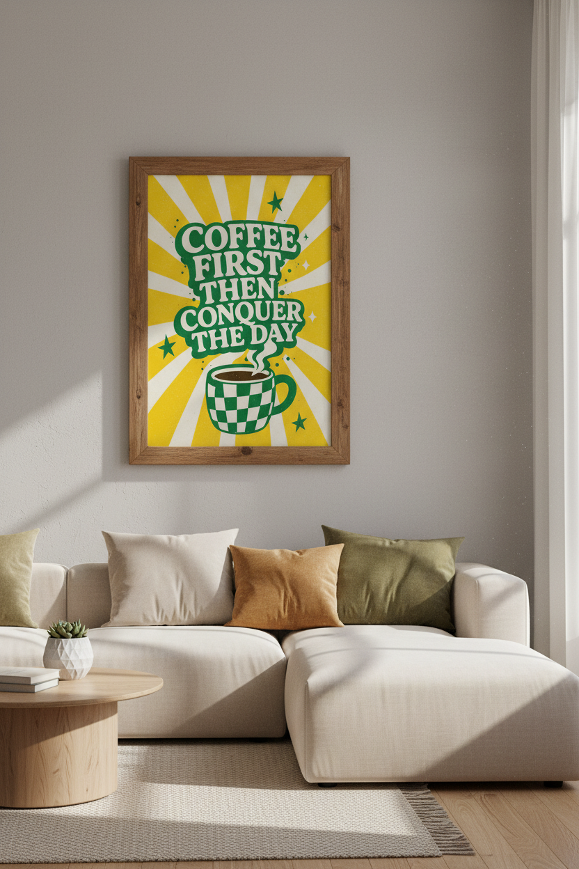 Coffee First Then Conquer The Day Wall Art | Retro Kitchen Poster | Bold Green Typography