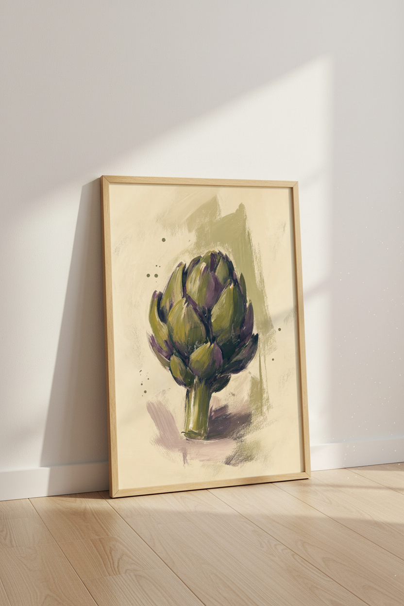 Artichoke Botanical Wall Art | Sage Green & Purple Kitchen Decor | Rustic Oil Style Poster