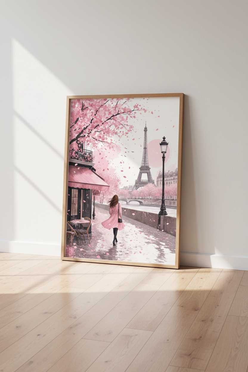 Paris Eiffel Tower Wall Art | Pink Coquette Cafe Poster | Romantic Bedroom Decor