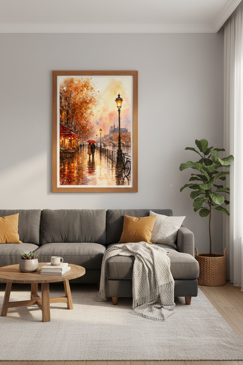 Paris Street Watercolor | Autumn Seine Cityscape Art, Romantic Home Decor