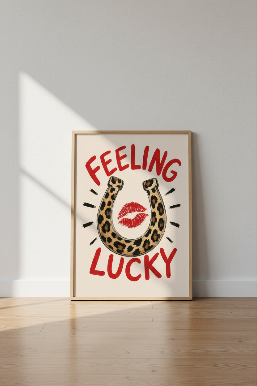 Lucky Leopard Wall Art | Preppy Pink & Red Horseshoe Poster, Chic Western Decor