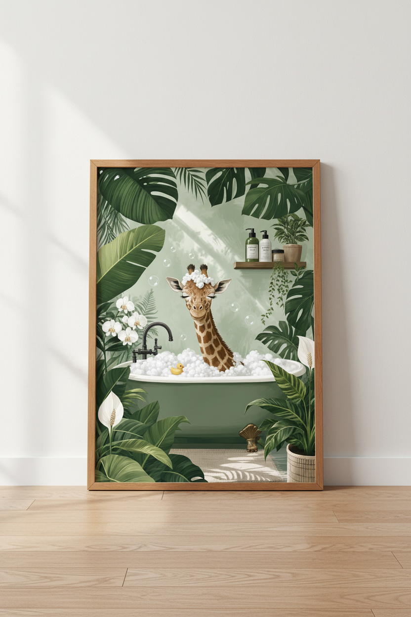 Giraffe in Bathtub Art | Sage Green Tropical Leaves, Whimsical Bathroom Decor