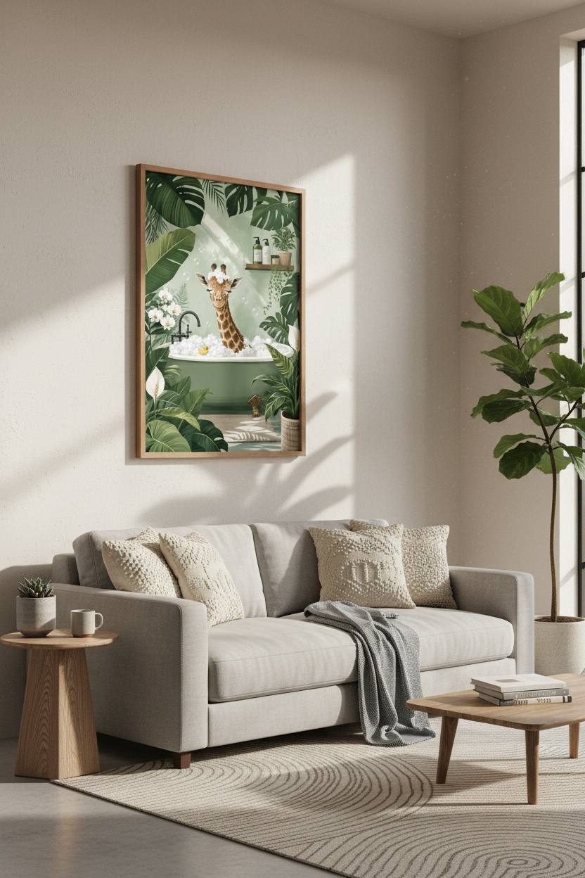 Giraffe in Bathtub Art | Sage Green Tropical Leaves, Whimsical Bathroom Decor