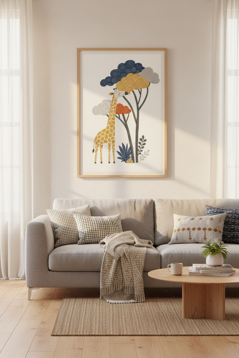 Giraffe & Patterned Trees Art | Nursery Safari Decor | Boho Animal Poster