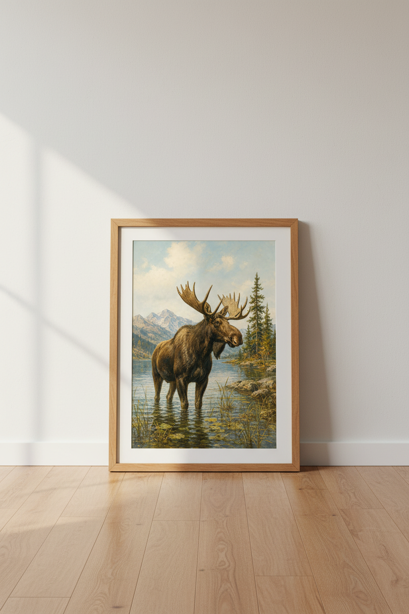 Majestic Moose Lake Side Wall Art | Cabin Decor | Rustic Nature Poster