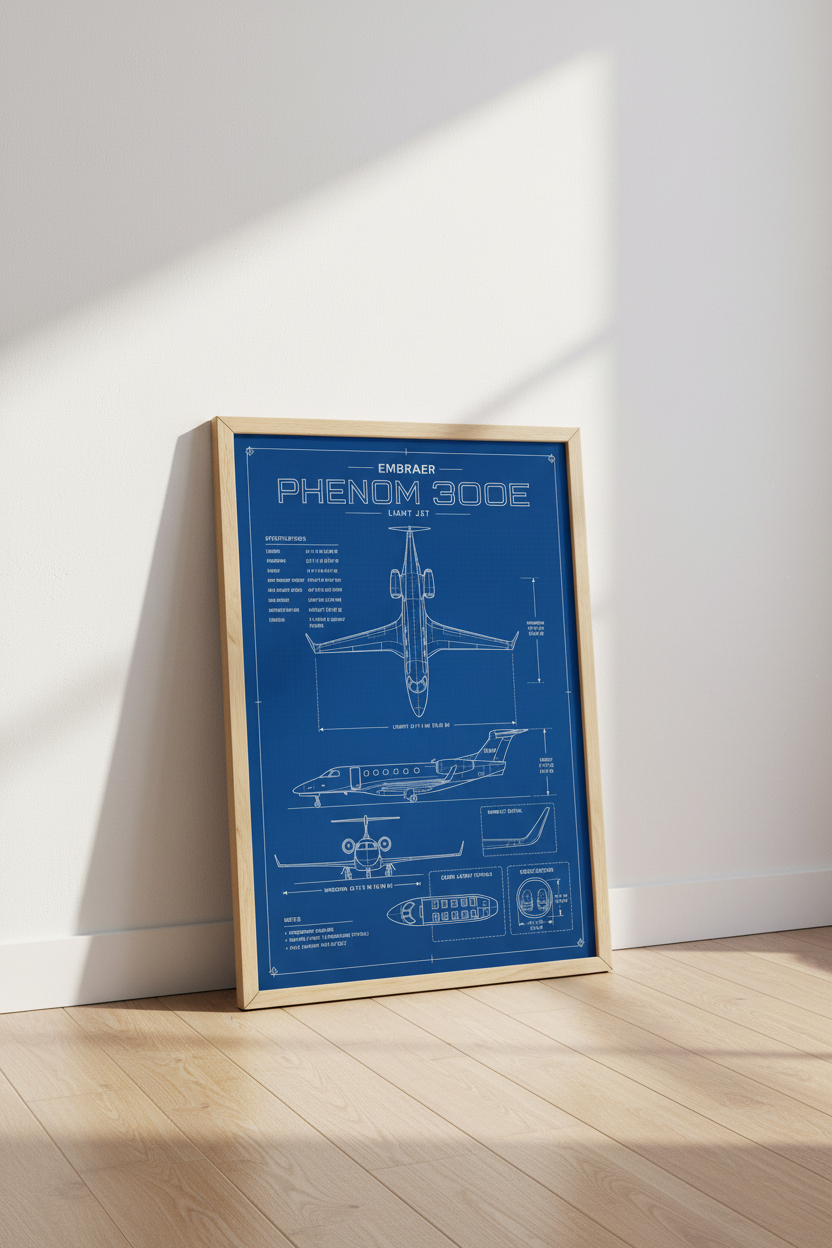 Embraer Phenom 300E Light Jet Blueprint | Aviation Office Decor | Private Jet Poster