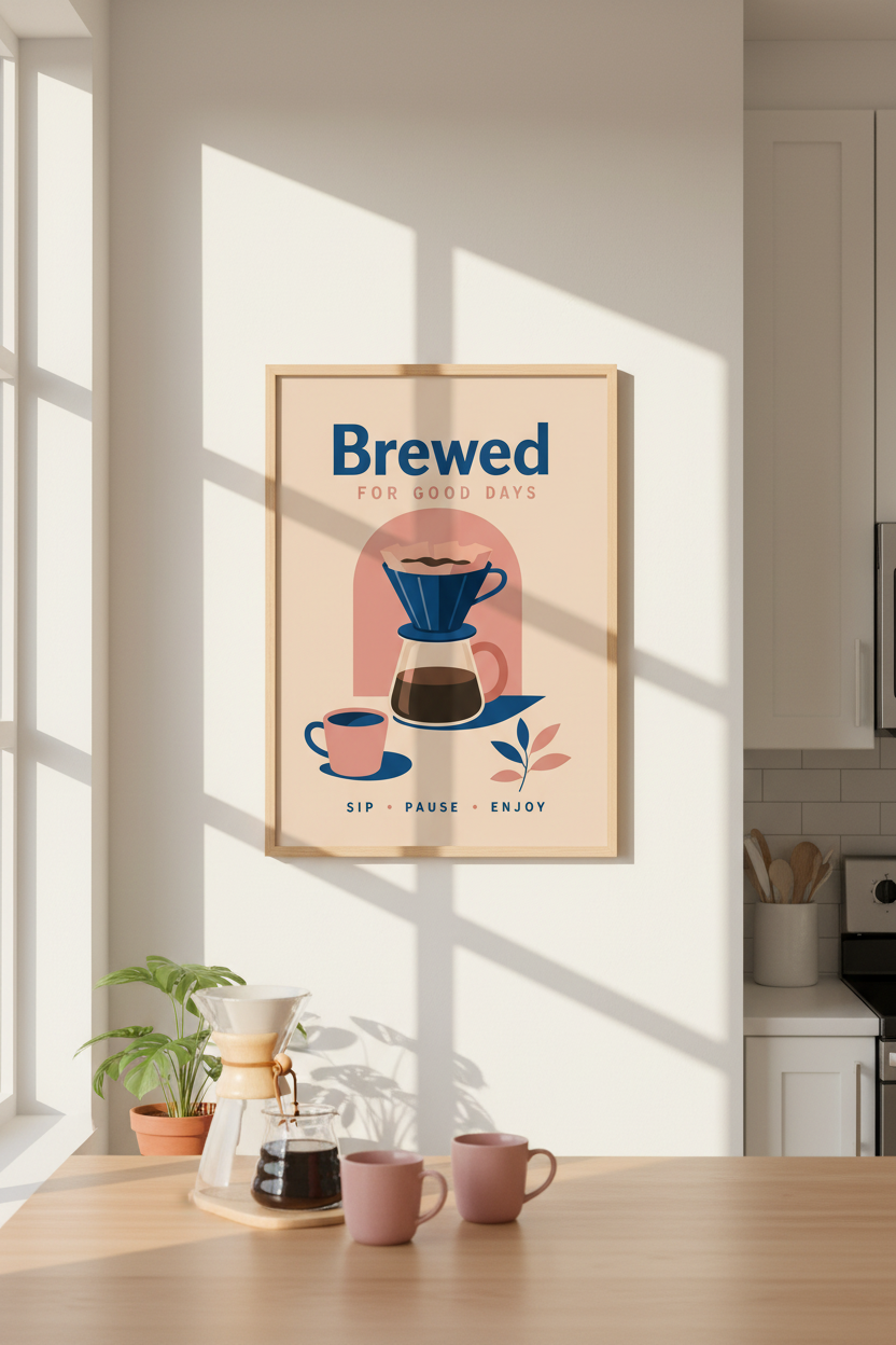 Retro Coffee Art Print | Modern Kitchen Decor | Navy Blue and Pink Cafe Poster