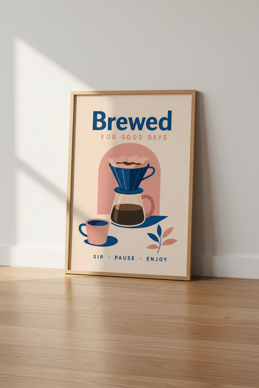 Retro Coffee Art Print | Modern Kitchen Decor | Navy Blue and Pink Cafe Poster