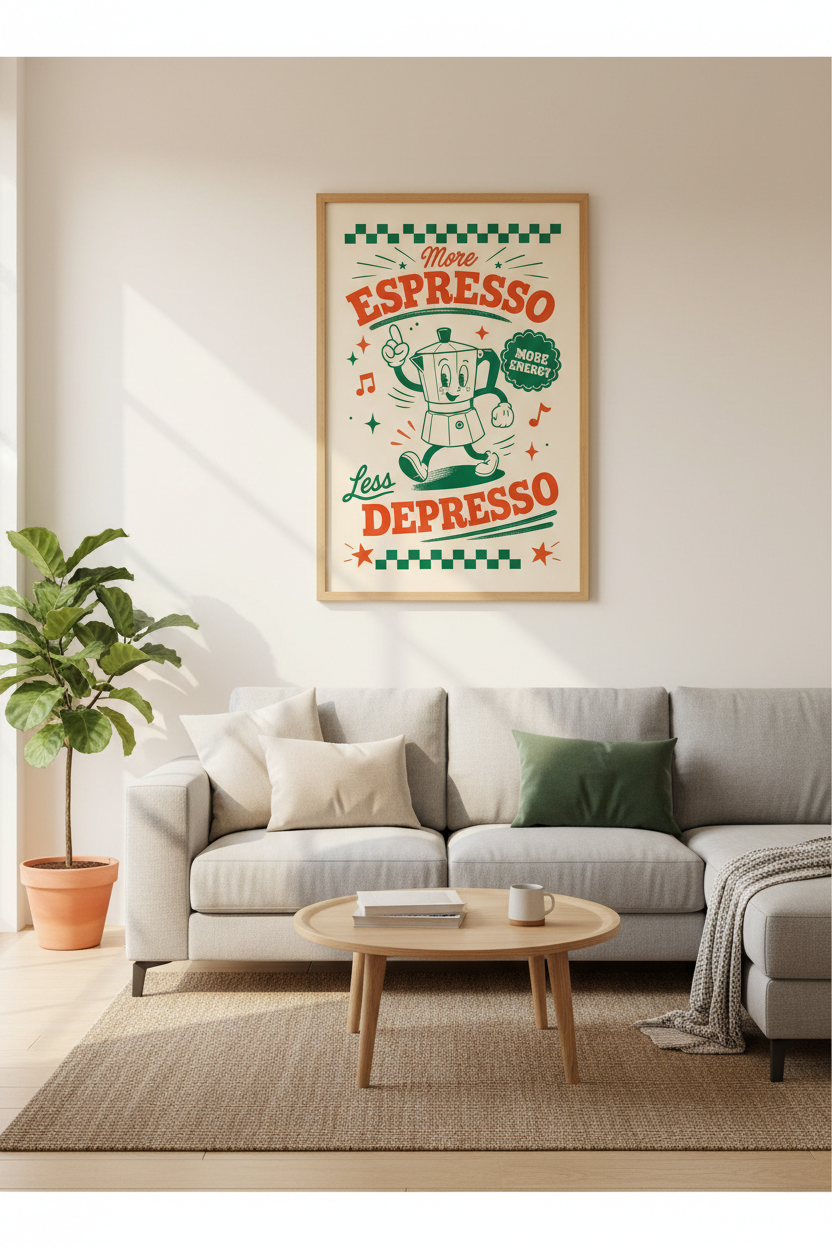 More Espresso Less Depresso Wall Art | Retro Coffee Poster, Kitchen Decor