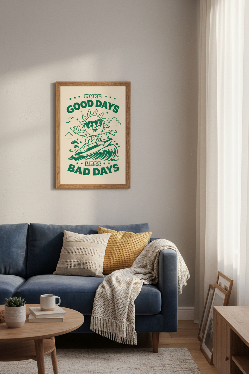 Retro Surfing Sun Wall Art Print | Positive Quote Decor | Green Aesthetic Poster